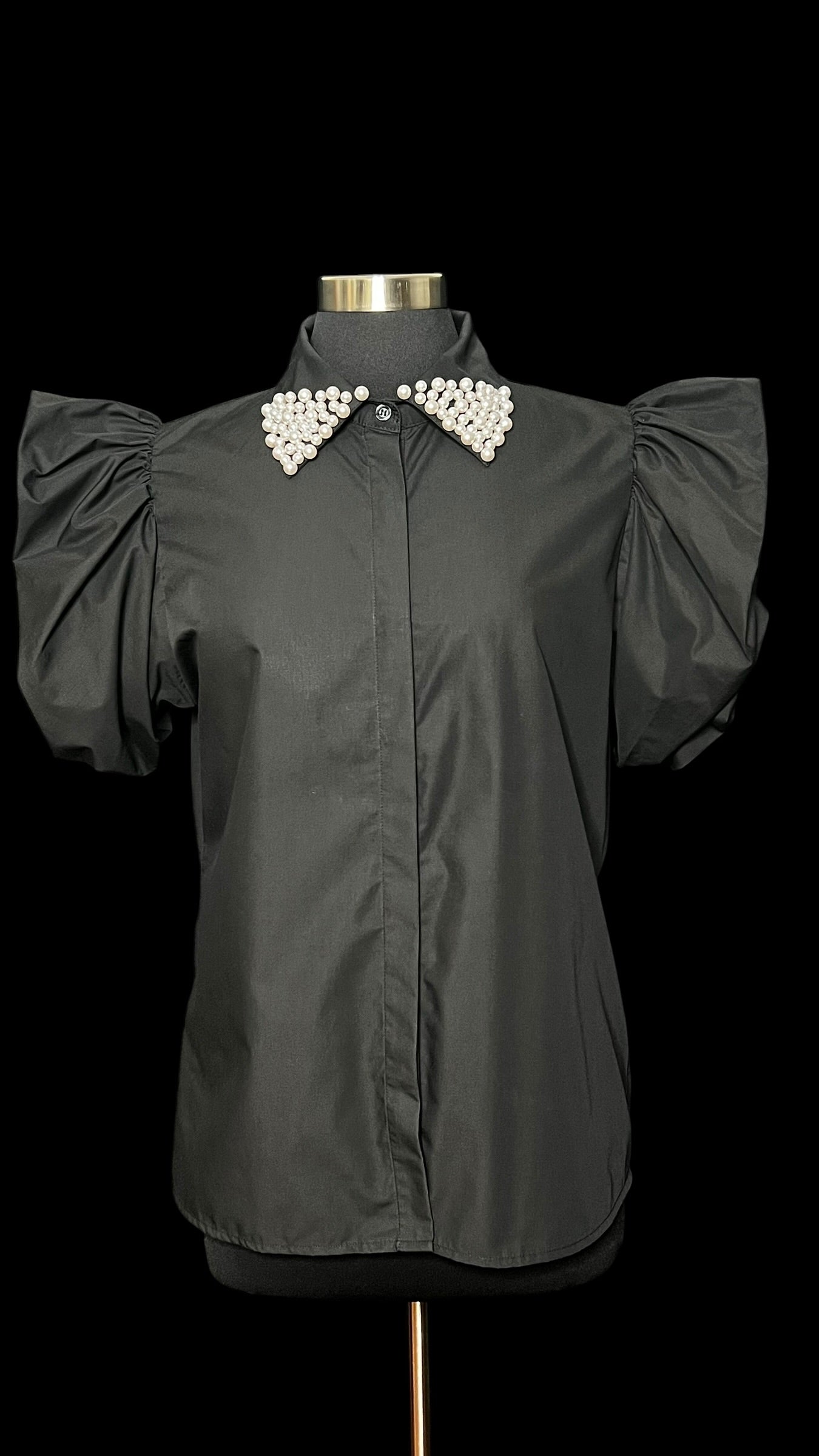 07.27 Tops NWOT WoWo Black Pouf Slv/Pearl Collar (XL) Fits (8)