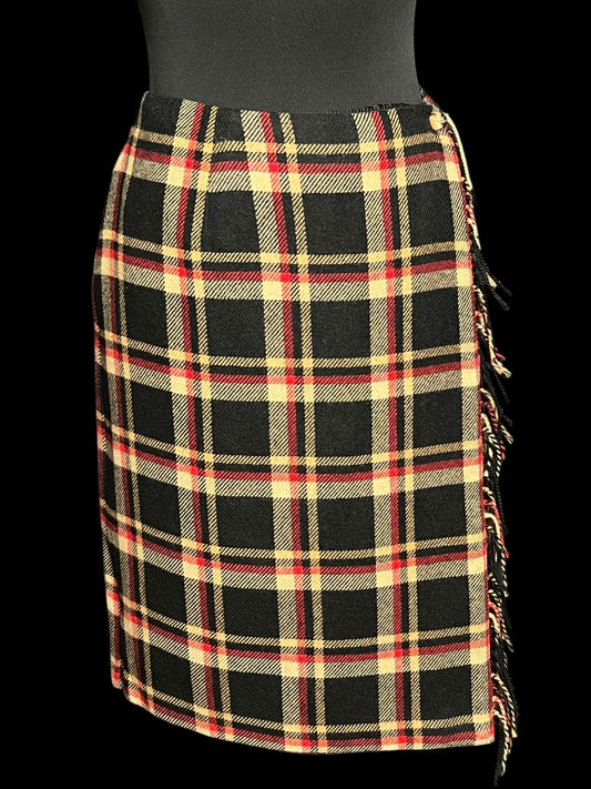 11.06 Skirts Vintage Sag Harbor Tan/Blk/Red Plaid Fringe Faux Wrap (16) Fits (10/12)