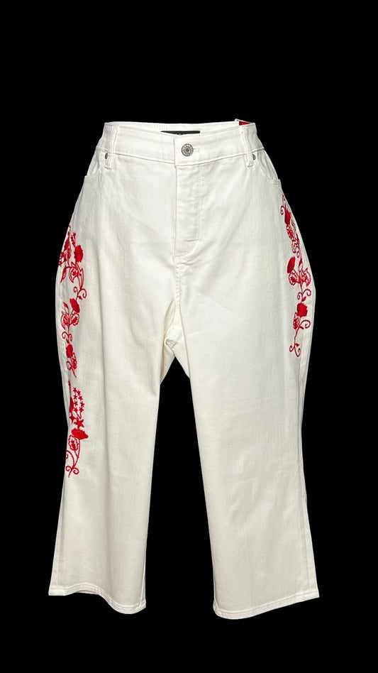 07.14 Pants NWT Talbots Wht Denim Cropped w/Red Embroidery (16p) Fits (14P)