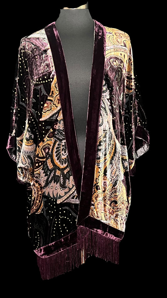 07.02 Dusters NWOT Chicos Plum/Gold Paisley Fringe (S/M)