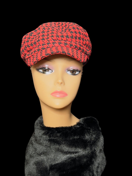 02.03 Hats NWOT D&Y Red/Blk Houndstooth Page boy (M/L)