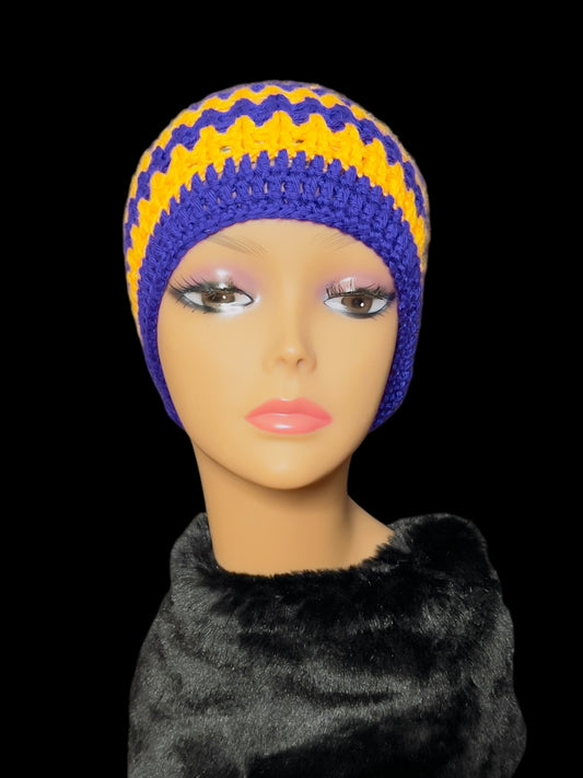 02.03 Hats Purple/Gold Crocheted Beanie (L)