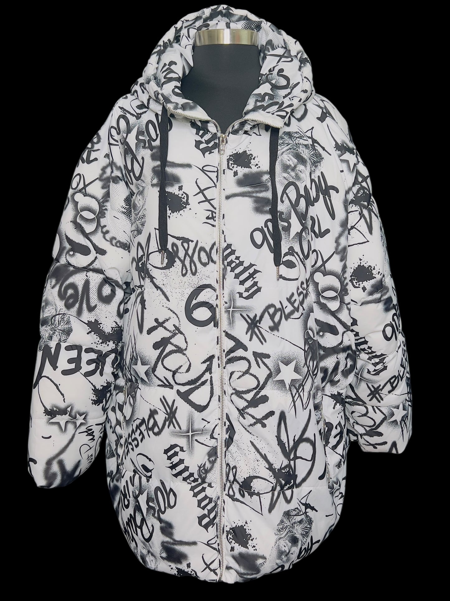 02.06 Coats NWOT F. Nova Like Art Blk/Wht Grafitti (2X) Cvy