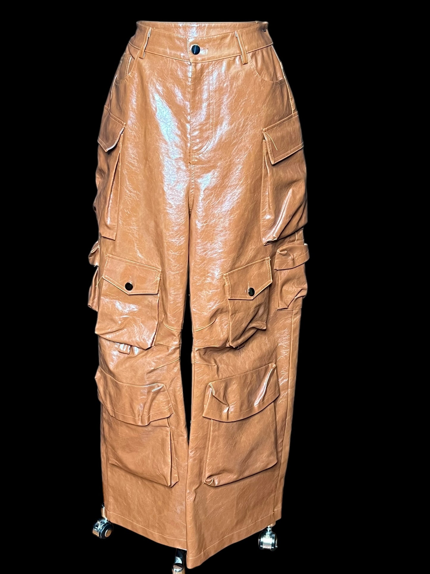 01.13 Pants Camel Hi-Waist Faux Leather Cargo (10)