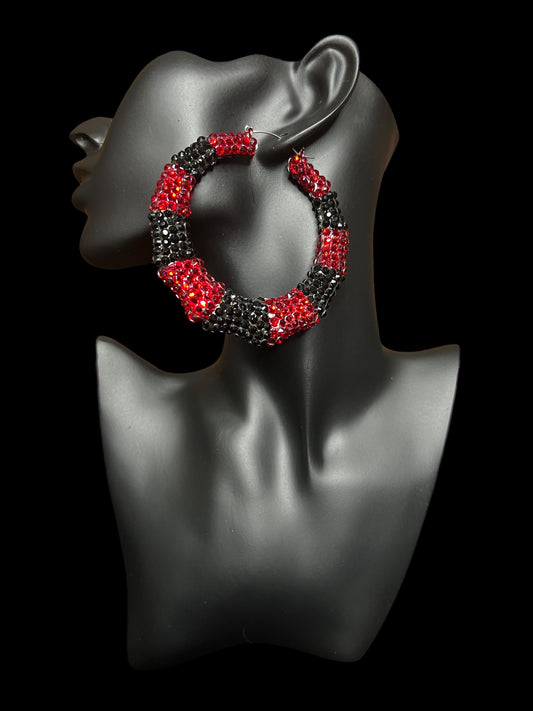 12.26 Earrings Blk/Red Crystal Hoops