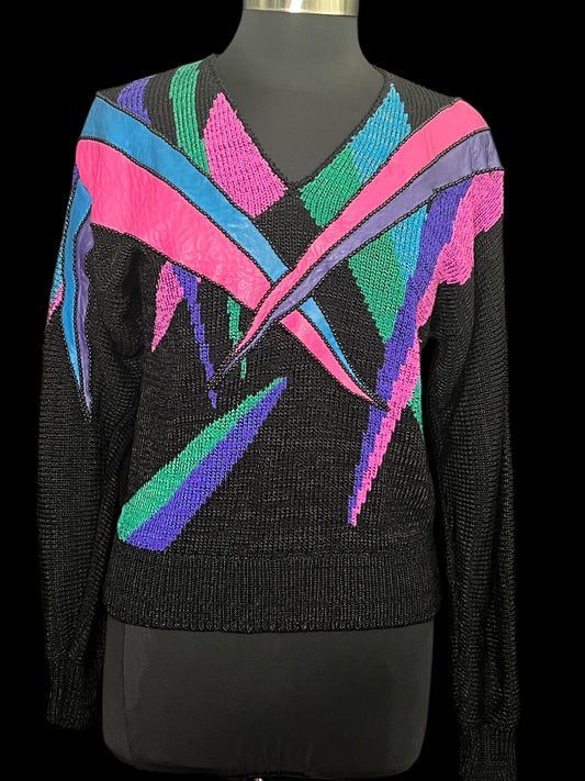 03.11 Sweaters Vintage Lido Black Beaded Multicolor Leather Patches (M/8)