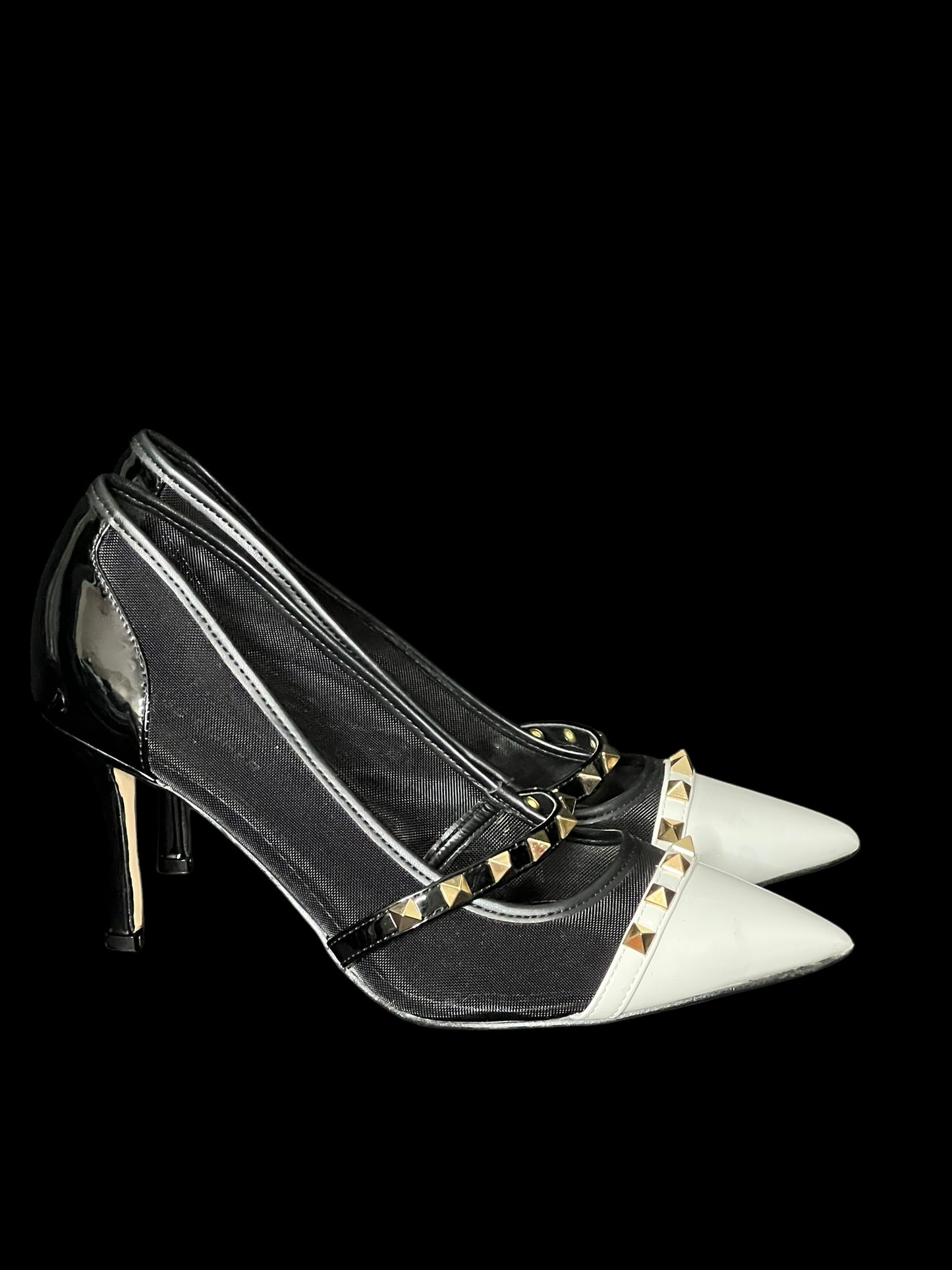 03.17 Shoes Marc Fisher Blk/Wht Mesh Gold Studded Heels (10) Fits (9.5)