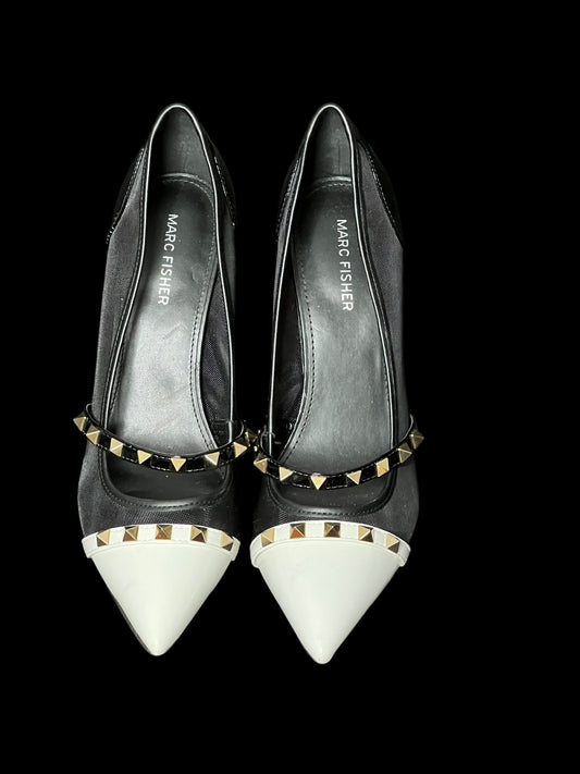 03.17 Shoes Marc Fisher Blk/Wht Mesh Gold Studded Heels (10) Fits (9.5)