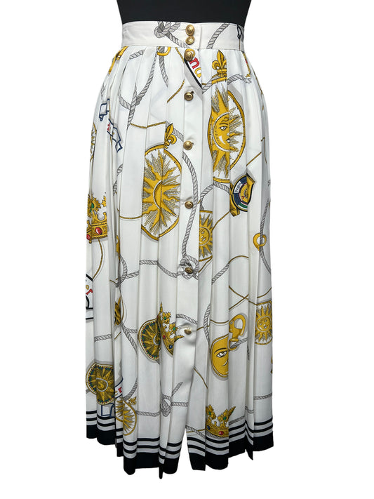 08.12 Skirts Vintage Louis Feraud Cream Le Monde Entier Printed Pleated Midi (16) Fits (14)