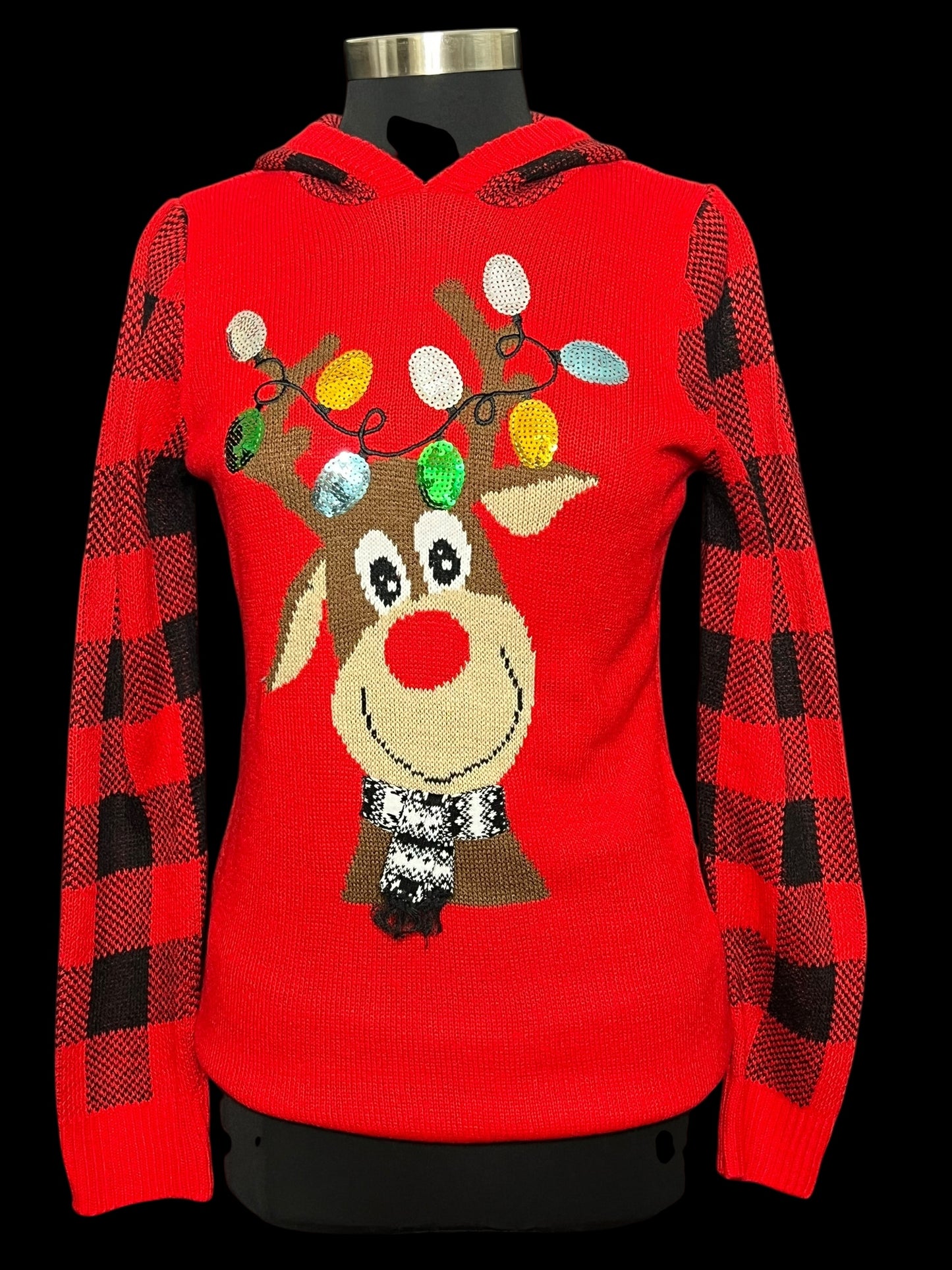 11.04 Sweaters Almost Famous Red/Buffalo Plaid Reindeer (L) Fits (M/8)