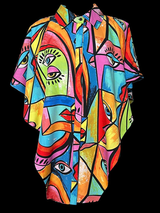 06.21 Blouses NEW A. Stewart Tunic Poncho Abstract (3X) Fits (1X) Cvy
