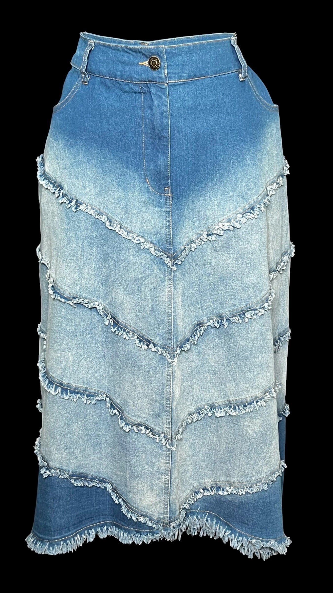 08.27 Skirts NWT A. Stewart Distressed Fringe Denim Stretch (W36) (16) Fits (14/16) Cvy
