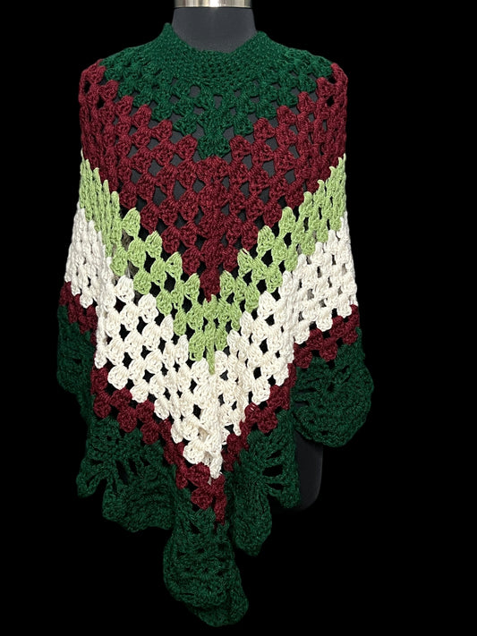 11.24 Ponchos Grn/Wine/Cream Crocheted (M/XL)