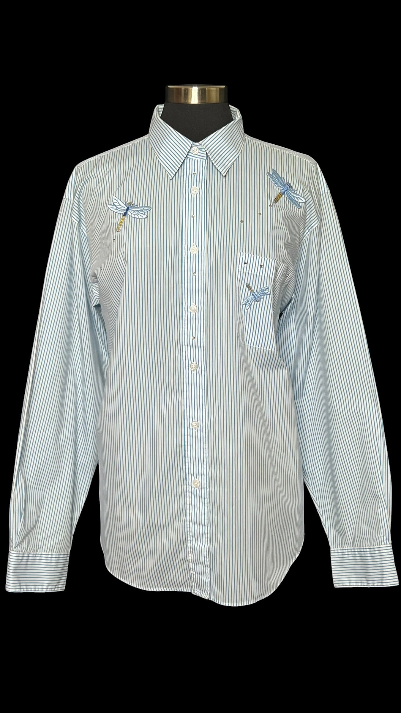 08.11 Tops Las Olas Blu/Wht Striped Dragonflies (XL) PTP 25"