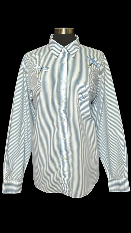 08.11 Tops Las Olas Blu/Wht Striped Dragonflies (XL) PTP 25"