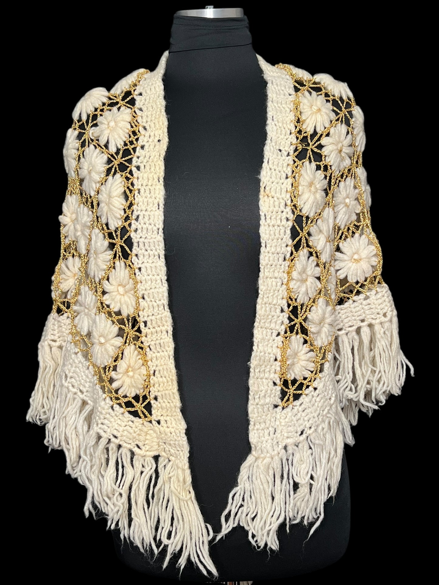 10.27 Sweaters Cream/Gold Flower Knitted Shawl (S/M)