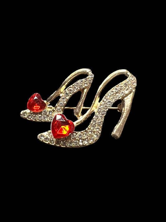 12.23 Brooches Goldtone Rhinestone Slipper Red Heart