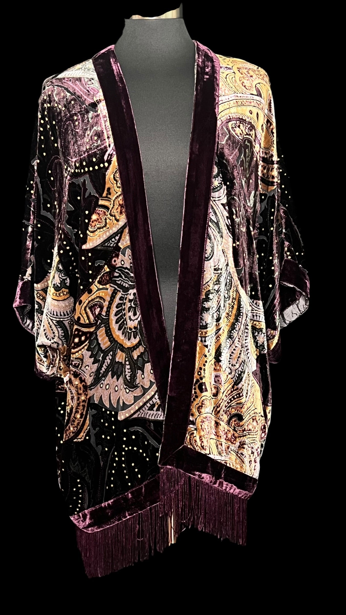 07.02 Dusters NWOT Chicos Plum/Gold Paisley Fringe (S/M)