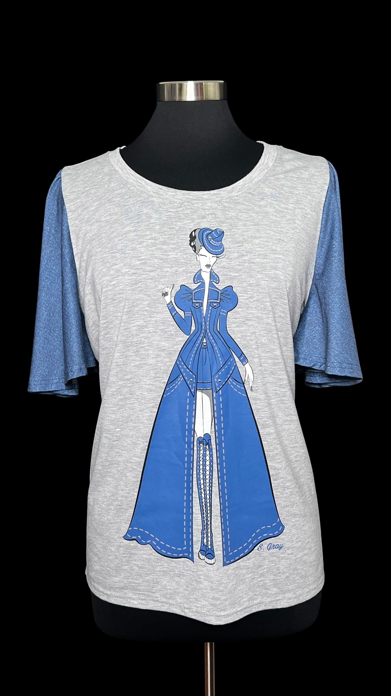 08.27 Tops NWOT A. Stewart Blu/Gry Bell Slv Tee (14/16) (XL)