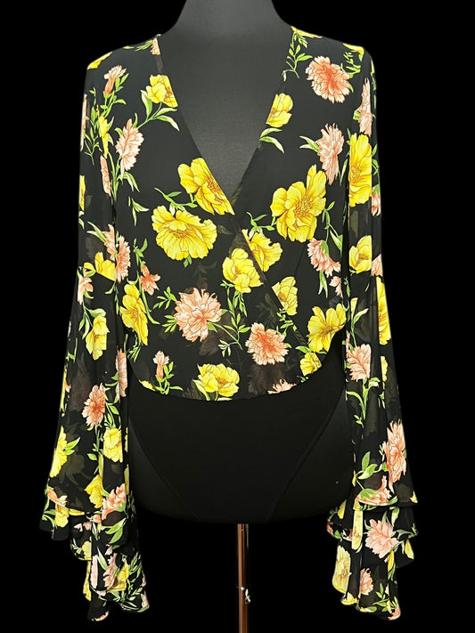 06.11 Bodysuit Forever 21 Blk/Ylw Floral Bell Slv (L) Fits (M)
