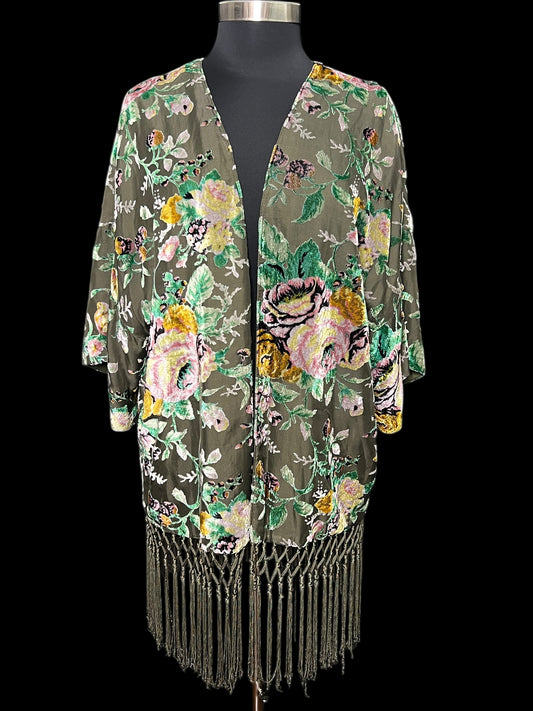 04.13 Dusters Olive Velour Floral Fringed (XL) Fits (10/12)