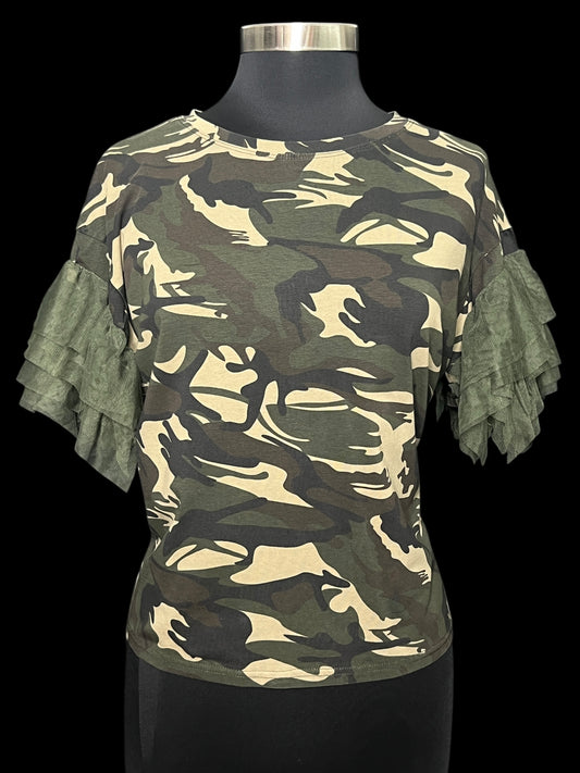 07.31 Blouses NWOT May Camo Tulle Sleeve (M)