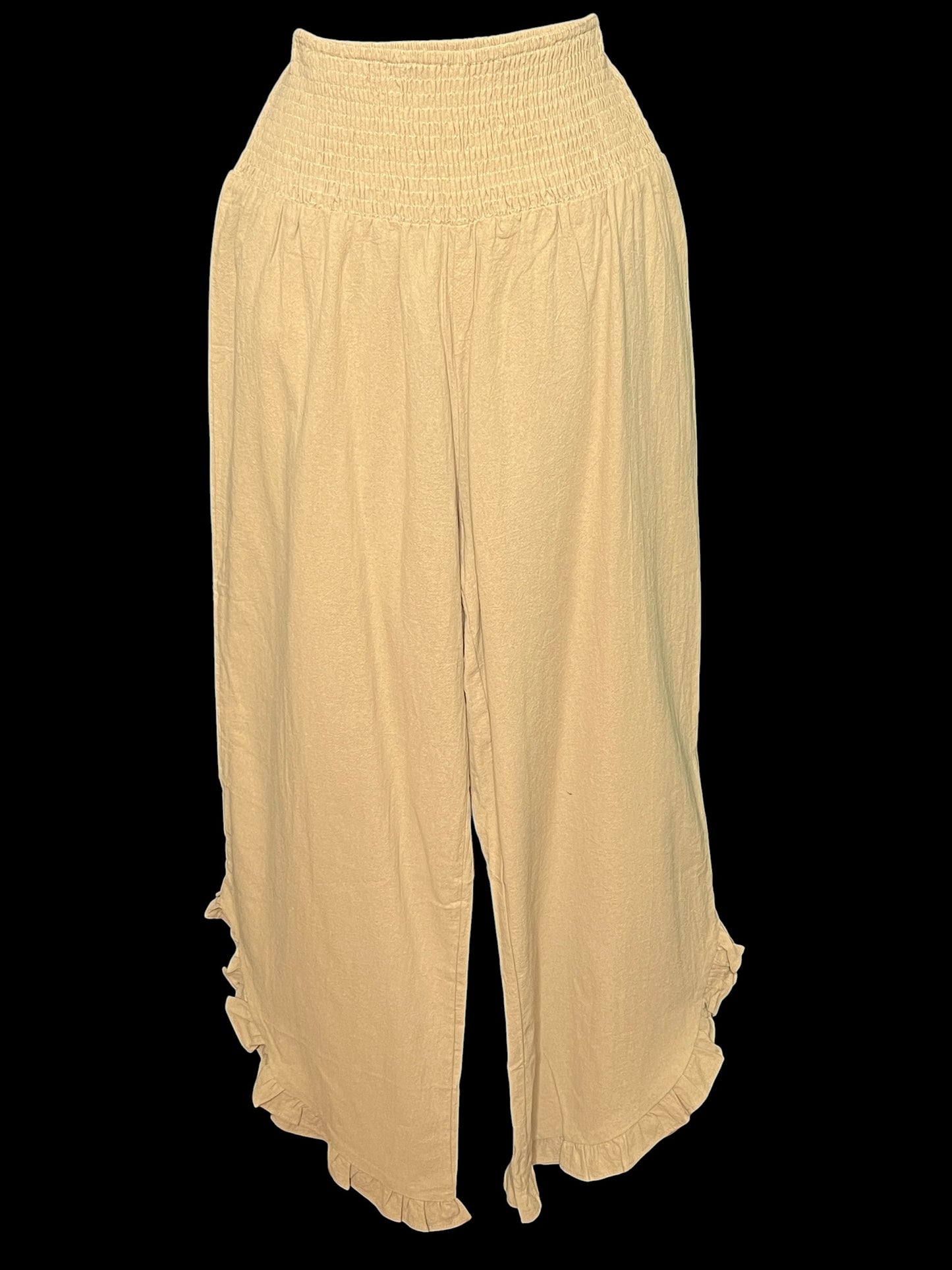 05.19 Pants NWOT Tan Smocked Waist/Ruffl Hem (M/8)