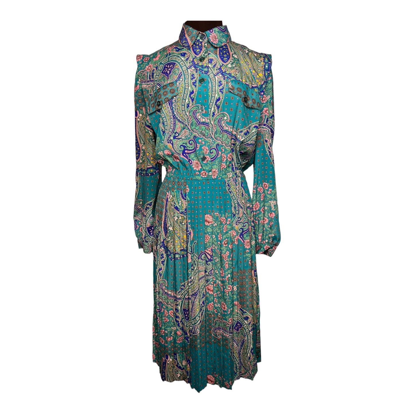 01.22 Dresses Vintage Leslie Faye Pleated Turquoise Paisley/Floral (16) Fits (12/14)